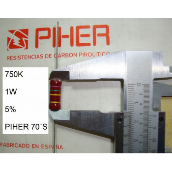 VINTAGE PIHER RESISTOR. 1W 750K 5% *1 PC* NEW ORIGINAL 1970´S+