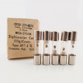 5 X 2A 250V SIGHTMASTER CORP. TIME-DELAY FUSE. 4AG 2 TL. 7X31MM. 1959s  CY  ENA
