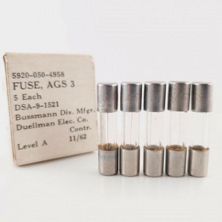 5 X 3A 250V BUSSMANN FAST ACTING FUSE. AGS 3. 7X31MM. 1962s  CY  ENA