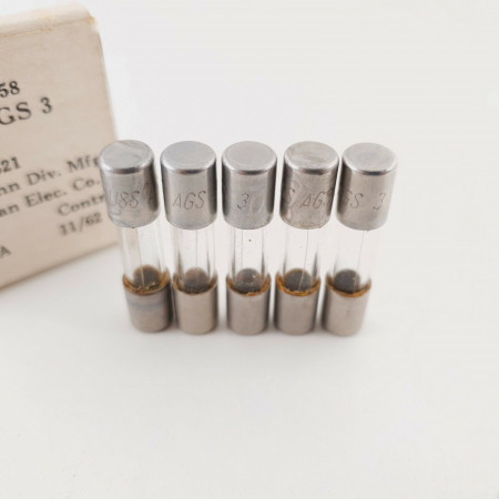 5 X 3A 250V BUSSMANN FAST ACTING FUSE. AGS 3. 7X31MM. 1962s  CY  ENA
