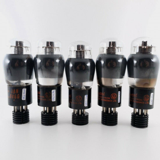 5 X 6V6G MARCONI-RADIOTRON TUBE. BLACK PLATES. 1940s. MATCHED QUAD+1. CY  ENA