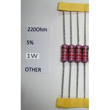 RESISTOR CARBON FILM. 1W 220R 220Ohm 5% 5PC NEW+