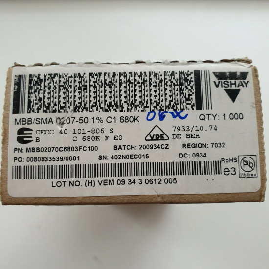 5 x 680K 0.6W 1% VISHAY METAL FILM RESISTOR. CA397U3000F110821