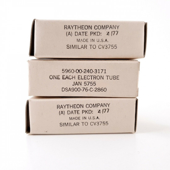 5 X JAN 5755 RAYTHEON TUBE. 1970s PRODUCTION. BLACK PLATES. NOS/NIB. AF  ENA
