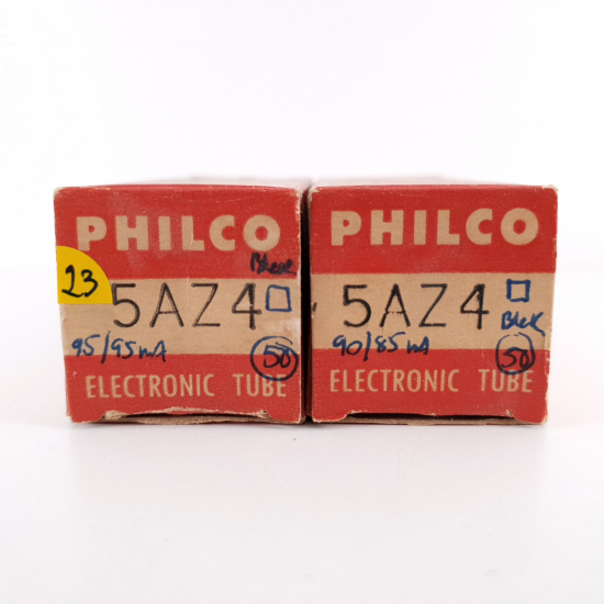 2 X 5AZ4 PHILCO TUBE. BLACK PLATES. SQUARE GETTER. MATCHED PAIR. 23. CH70