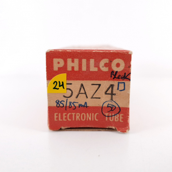 1 X 5AZ4 PHILCO TUBE. BLACK PLATES. RECTANGULAR GETTER. 85/85mA. 24. CH70