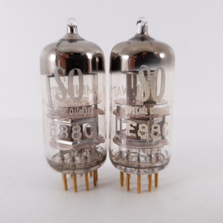 2 X E88C / 8255 SINGLE TRIODE MINIWATT TUBE. 1960s PHILIPS PROD. GOLD PIN. 3M. SQ. 92/96%. 8. CH78
