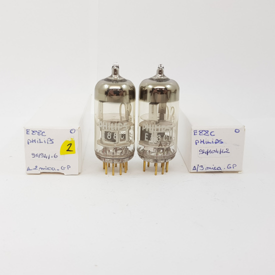 2 X E88C / 8255 SINGLE TRIODE PHILIPS TUBE. GOLD PIN. SQ. 3 MICA. 94/94% MATCHED PAIR. 2. CH78