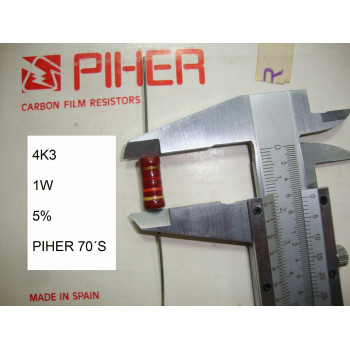 VINTAGE PIHER RESISTOR. 1W 4K3 5% *1 PC* NEW ORIGINAL 1970´S+