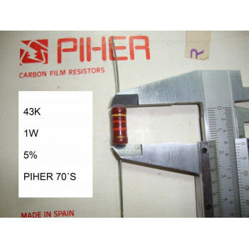VINTAGE PIHER RESISTOR. 1W 43K 5% *1 PC* NEW ORIGINAL 1970´S+