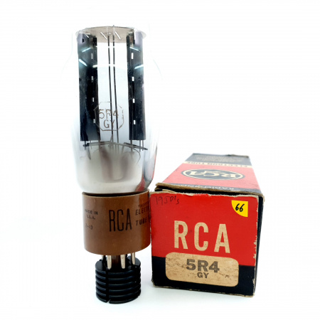 1 X 5R4GY RCA TUBE. 1950s PROD. BLACK PLATES. RECTANGULAR GETTER. 66. CB397
