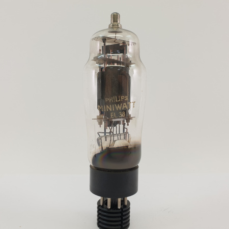1 X EL38 PHILIPS-MINIWATT TUBE. 1960s PROD. BLACK PLATES. INVERTED CUP GETTER. 76. CB397