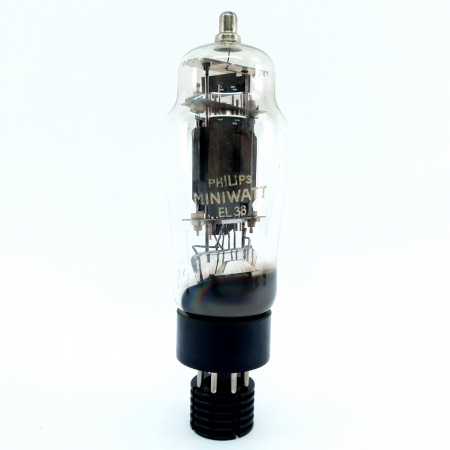 1 X EL38 PHILIPS-MINIWATT TUBE. 1960s PROD. BLACK PLATES. INVERTED CUP GETTER. 76. CB397