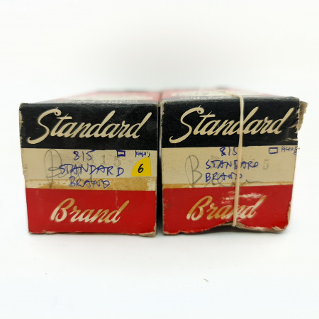 2 X 815 STANDARD BRAND TUBE. 1940s PROD. BLACK PLATES. RECTANGULAR GETTER. PAIR. 6. CE2
