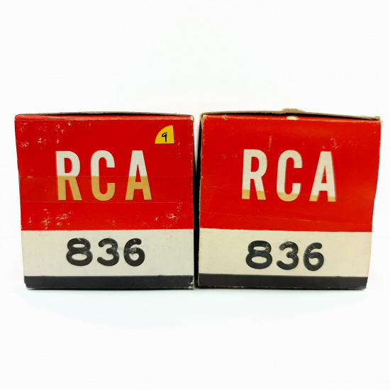 2 X 836 RCA TUBE. 1970s PROD. BLACK PLATES. RECTANGULAR GETTER. PAIR. 9. CE1