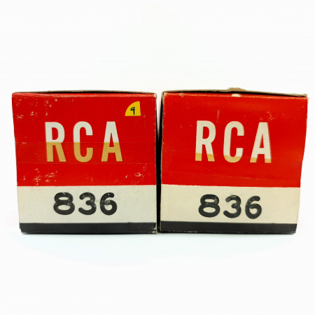 2 X 836 RCA TUBE. 1970s PROD. BLACK PLATES. RECTANGULAR GETTER. PAIR. 9. CE1