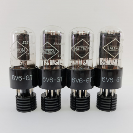 4 X 6V6GT HALTRON TUBE. 1950s PROD. BLACK PLATES. D-G. MATCHED QUAD. 4. CB402