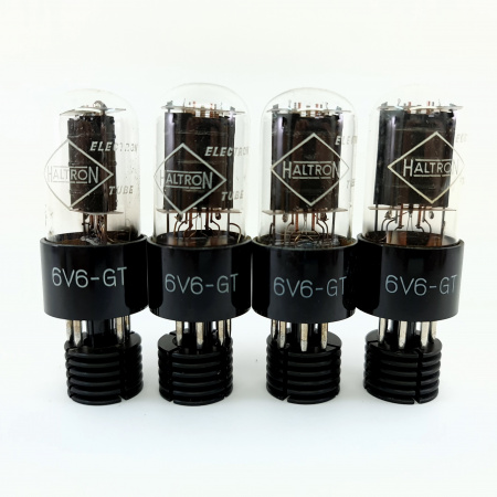 4 X 6V6GT HALTRON TUBE. 1950s PROD. BLACK PLATES. D-G. MATCHED QUAD. 4. CB402