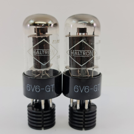 2 X 6V6GT HALTRON TUBE. 1950s PROD. BLACK PLATES. MATCHED PAIR. 7. CB402