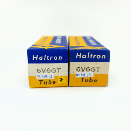 2 X 6V6GT HALTRON TUBE. 1950s PROD. BLACK PLATES. MATCHED PAIR. 7. CB402