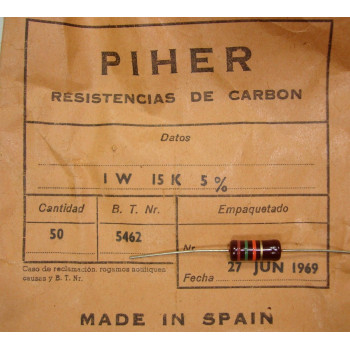 VINTAGE PIHER RESISTOR. 1W 15K 5% *1 PC* NEW ORIGINAL 1970´S+