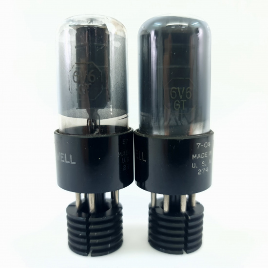 2 X 6V6GT BELL & HOWELL TUBE. 1950s PROD. BLACK PLATES. MATCHED PAIR. 22. CB402