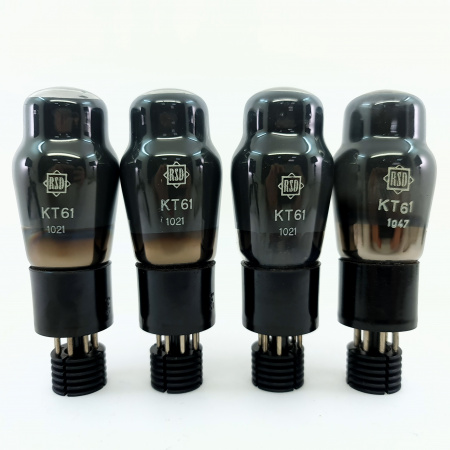 4 X KT61 RSD TUBE. 1950s MWT PROD. BLACK PLATES. RECTANGULAR GETTER. 16. CB401