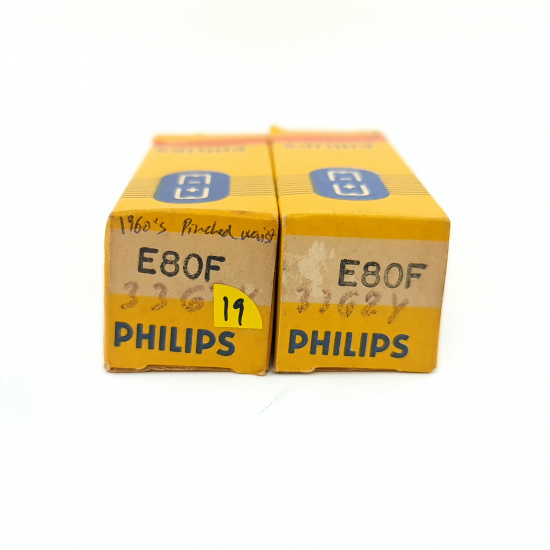 2 X E80F PHILIPS TUBE. 1960s PROD. PINCHED WAIST. D-G. GOLD PIN. SQ. 19. CB404