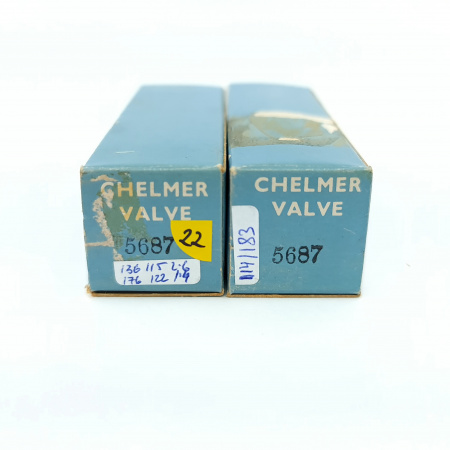 2 X 5687 CHELMER TUBE. 1960s PROD. BLACK PLATES. MATCHED PAIR. 22. CB404