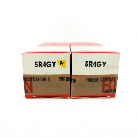 2 X 5R4GY NATIONAL TUBE. 1950s PROD. BLACK PLATES. RECTANGULAR GETTER. 34.CB404