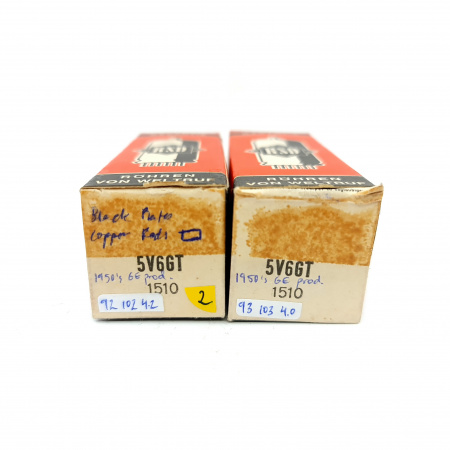 2 X 5V6GT RSD TUBE. 1950s GE PROD. BLACK PLATES. MATCHED PAIR. 2. CE593