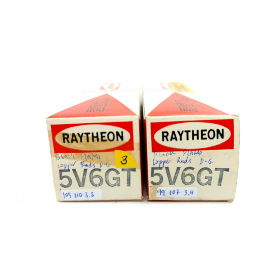 2 X 5V6GT RAYTHEON TUBE. 1950s PROD. BLACK PLATES. RECTANGULAR GETTER. 3. CE593