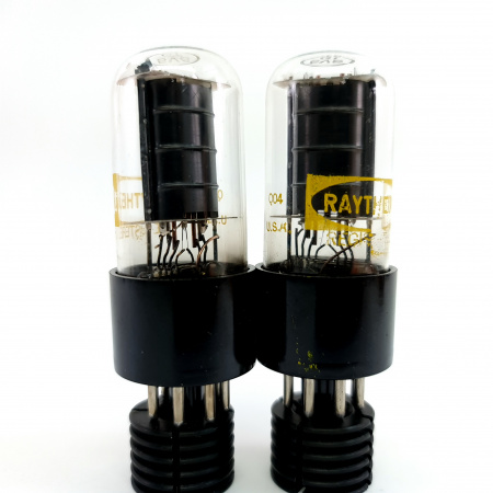 2 X 5V6GT RAYTHEON TUBE. 1950s PROD. BLACK PLATES. RECTANGULAR GETTER. 3. CE593
