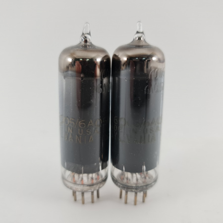 2 X JHS 6005 / 6AQ5W SYLVANIA GOLD TUBE. 1960s PROD. BLACK PLATES. D-G.42.CH166