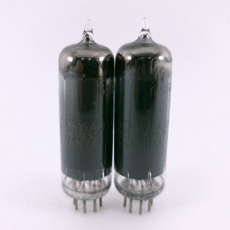 2 X JHS 6005 / 6AQ5W SYLVANIA GOLD TUBE. 1960s PROD. BLACK PLATES. D-G.42.CH166