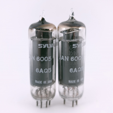 2 X JAN 6005 / 6AQ5W SYLVANIA TUBE. 1950s PROD. BLACK PLATES. 43. CH166