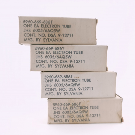4 X JHS 6005 / 6AQ5W SYLVANIA TUBE. 1964 PROD. BLA. PLAT. MATCHED QUAD.49.CH166