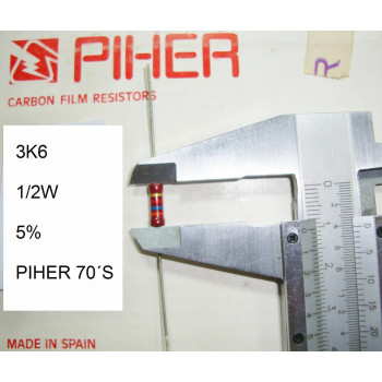 VINTAGE PIHER RESISTOR. 1/2W 3K6 3.6K 5% *1 PC* NEW ORIGINAL 1970´S