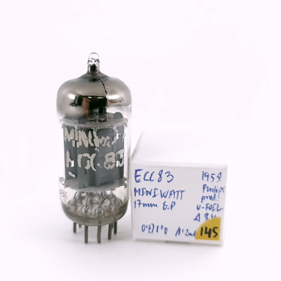 1 X ECC83 MINIWATT TUBE. 1958 PROD. 17MM PLATES. U-FOIL GETTER. USED. 145.CH166