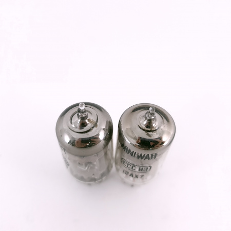 2 X ECC83 MINIWATT BARCELONA TUBE. 1960s PROD. CHROME PLATES. USED. 70. CH167