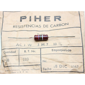 VINTAGE PIHER RESISTOR. 1W 2M7 10% *1 PC* NEW ORIGINAL 1960´S +F221015