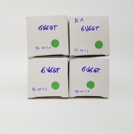 4 X 6V6GT RCA TUBE. SQUARE GETTER. ROUND BLACK PLATES. MATCHED QUAD. NOS. RC46.