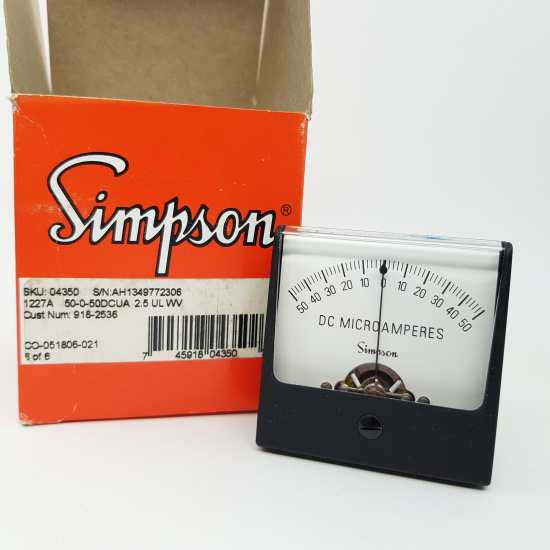 1 X SIMPSON ANALOG PANEL METER 50-0-50DCUA 2.5 UL WW. DC MICROAMPERES. RCB318