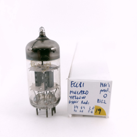 1 X ECC81 MULLARD YELLOW TUBE. 1960s PROD. COPPER RODS. USED. 19. CH168