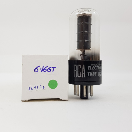 1 X 6V6GT RCA TUBE. 1950s PROD. BLACK PLATES. DUAL GETTER. CB201