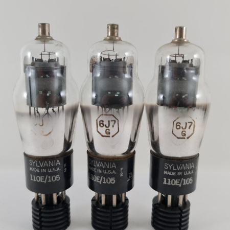 3 X 6J7G SYLVANIA TUBE. 1950s PROD. FLAT GETTER. MATCH. PAIR +1. USED.161.CH168