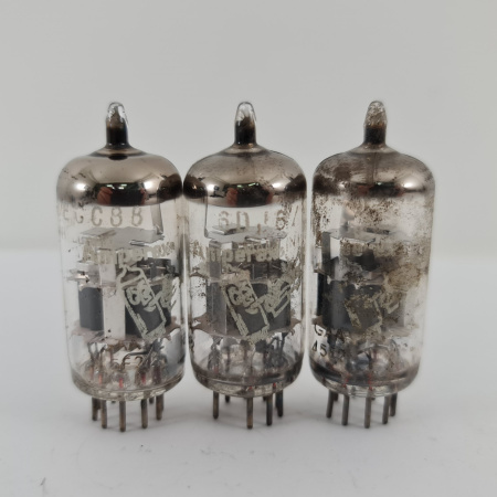3 X ECC88 AMPEREX BUGLE BOY. 1960s PHILIPS PROD. MATCHED TRIO. USED. 165. CH168