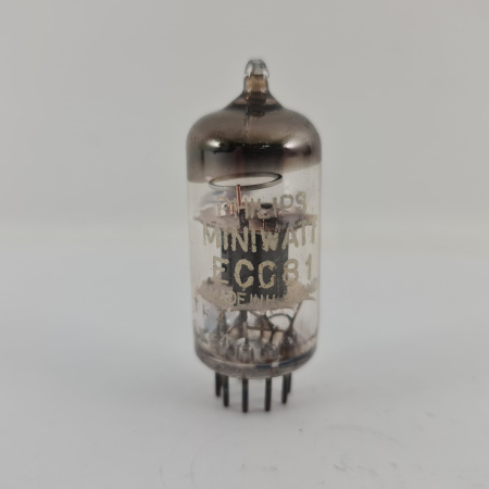 1 X ECC81 PHILIPS-MINIWATT TUBE. 1960s MULLARD PROD. COPPER RODS. USED.18.CH169