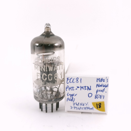 1 X ECC81 PHILIPS-MINIWATT TUBE. 1960s MULLARD PROD. COPPER RODS. USED.18.CH169