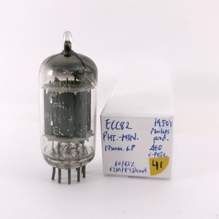 1 X ECC82 PHI-MIN TUBE. 1950s PHILIPS PROD. U-FOIL G. 17MM. USED. 41. CH169